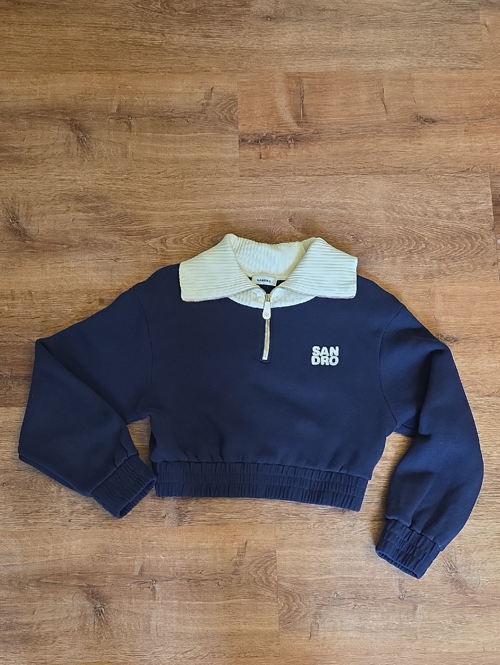Sandro Navy Cropped Sweatshirt with Cream Ribbed Collar